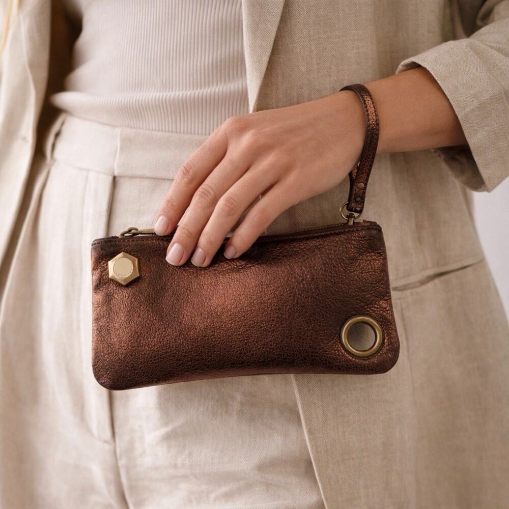 NWT Y2K Hayden-Harnett Leather Bronze Metallic Clutch Bag Wristlet Pouch Rare